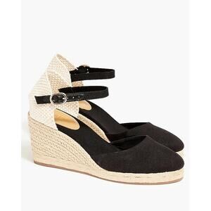 J Crew Women's 7.5 Ankle Strap Espadrille Black Wedges Heels Canvas Crochet new